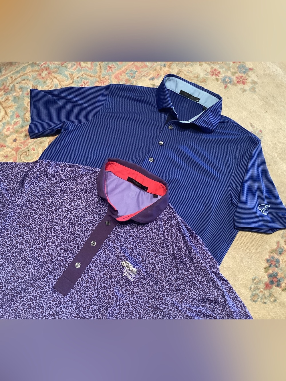 Travis Mathew Men’s Purple Floral Polo with Navy Striping
